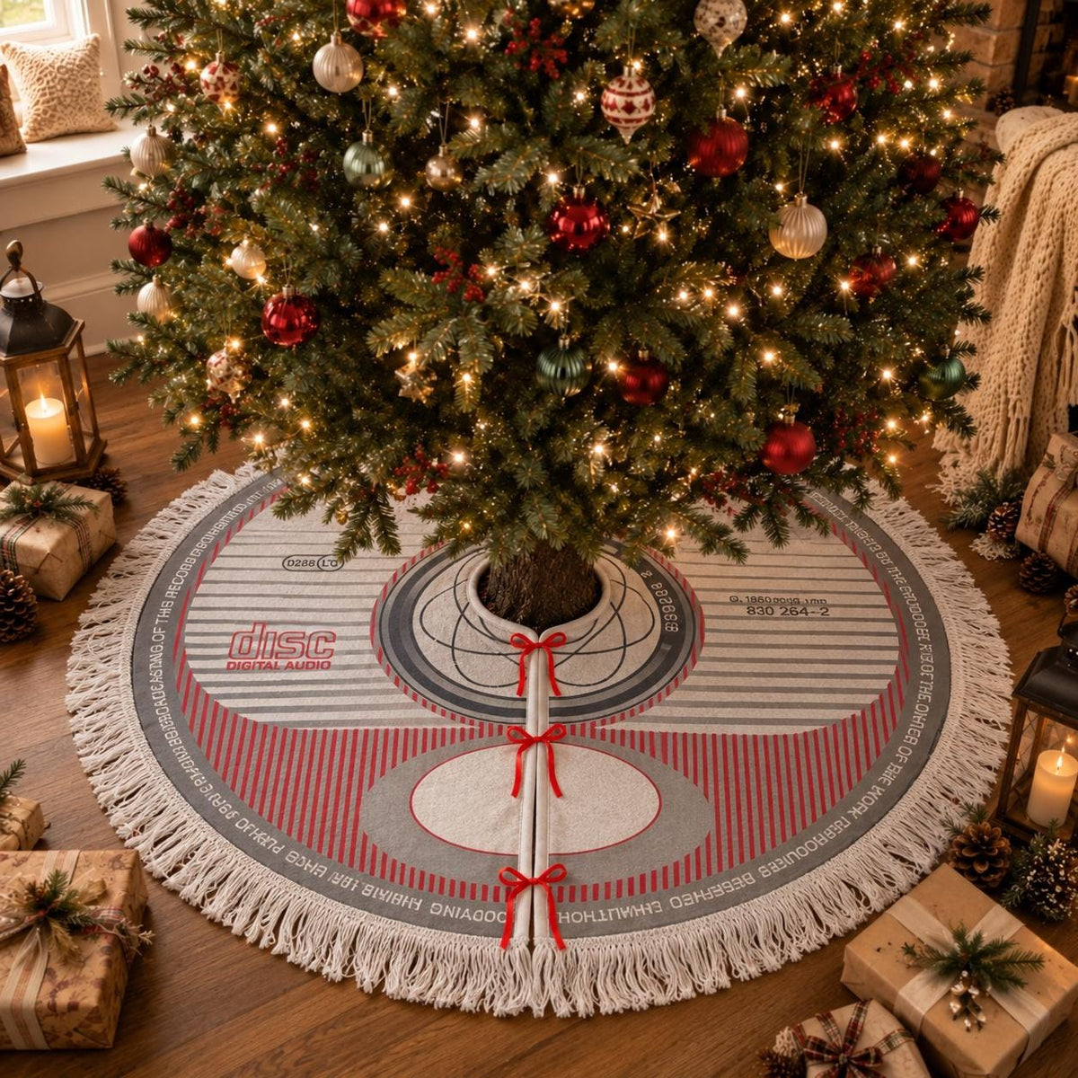 Personalized Vinyl Record Christmas Tree Skirt, Custom CD Music Mat , Rock Pop Hip Hop Gift for Music Lovers, Holiday Home Decor
