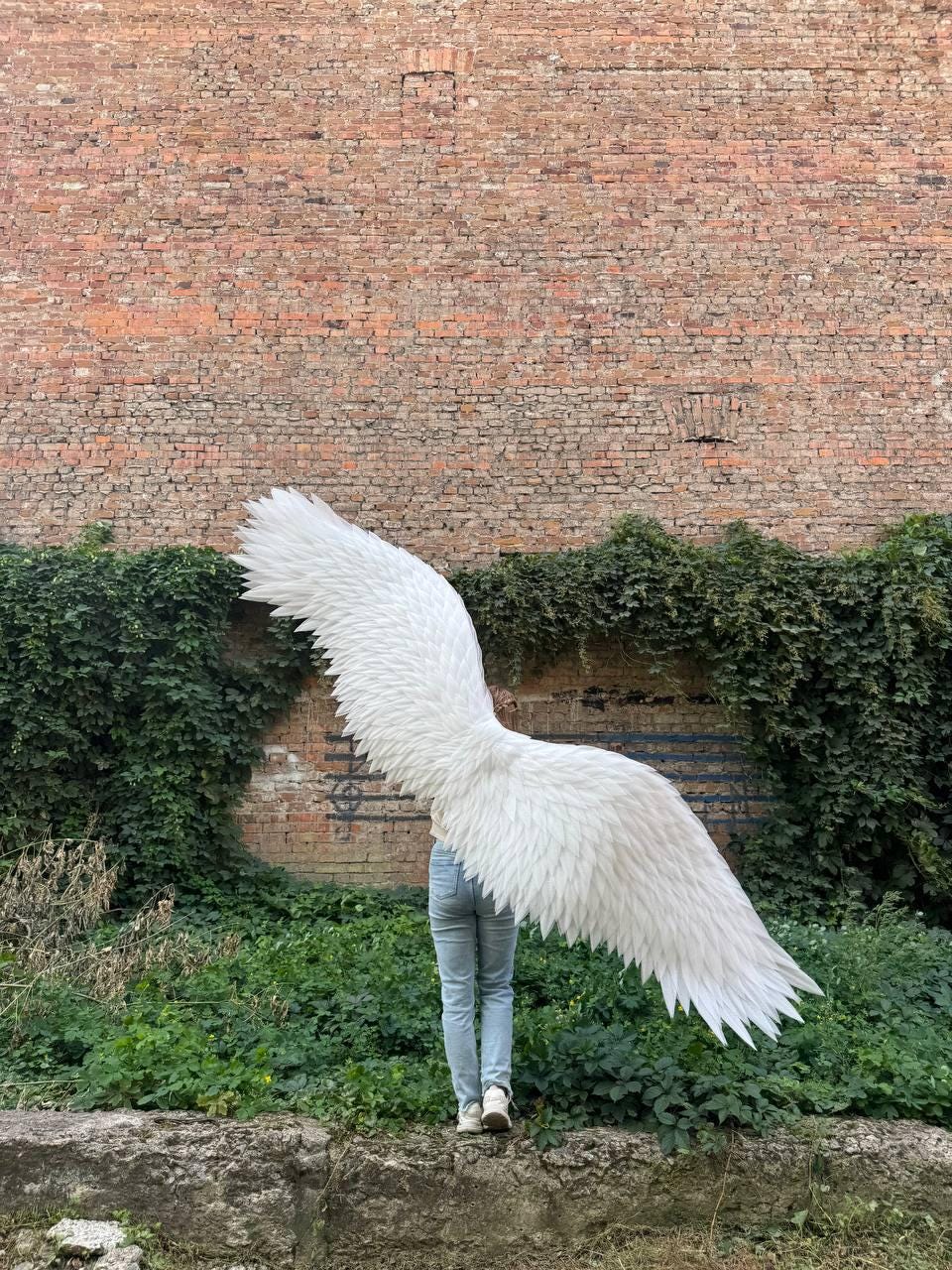May include: A pair of large, white, feathered wings attached to a person wearing light blue denim jeans. The wings feature detailed, layered white plumage that extends outward, creating a wide, expansive span against a brick wall background.