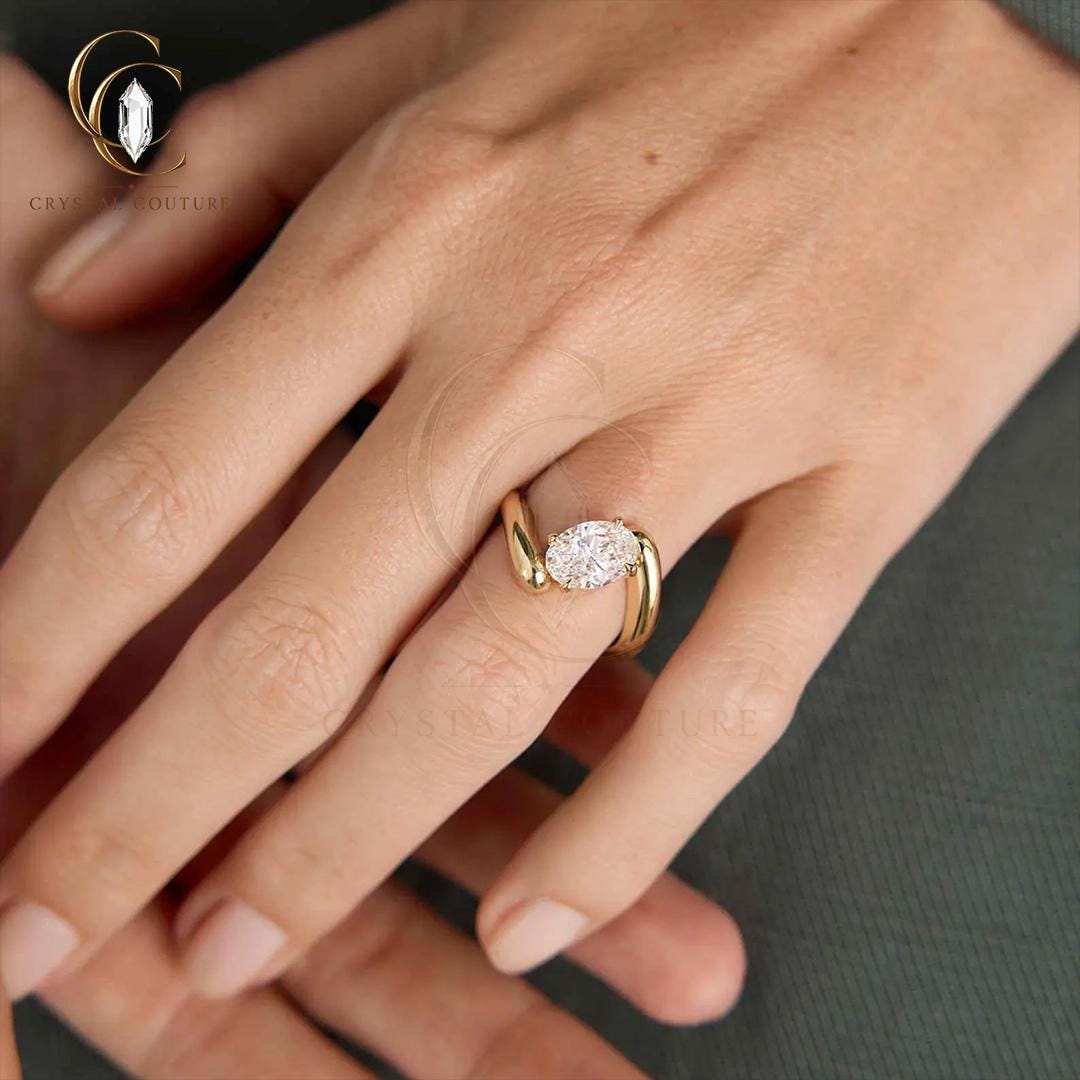 Timeless Oval Bypass Ring Solid Gold Lab Grown Diamond Moissanite Statement Bridal Wedding Gift