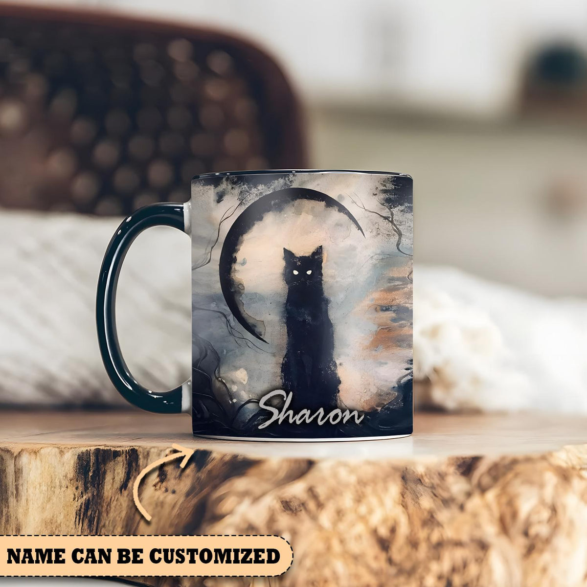 Personalized Black Cat Halloween Mug, Witchy Coffee Cup, Spooky Cat Accent Mug, Gothic Halloween Gift, Custom Name Witch Gift