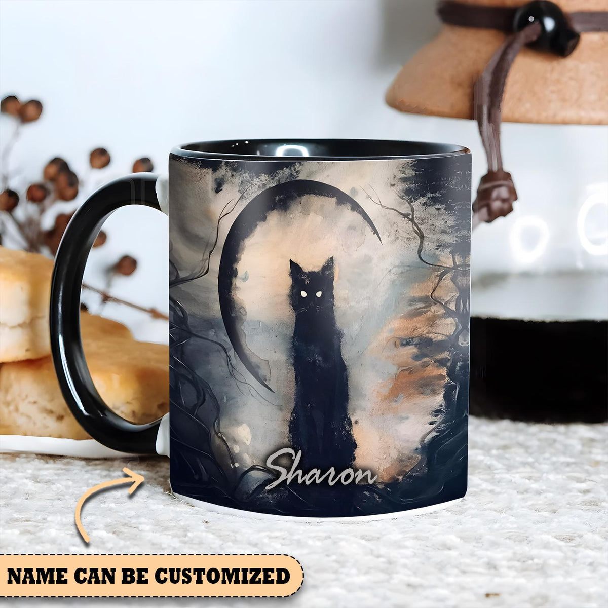 Personalized Black Cat Halloween Mug, Witchy Coffee Cup, Spooky Cat Accent Mug, Gothic Halloween Gift, Custom Name Witch Gift