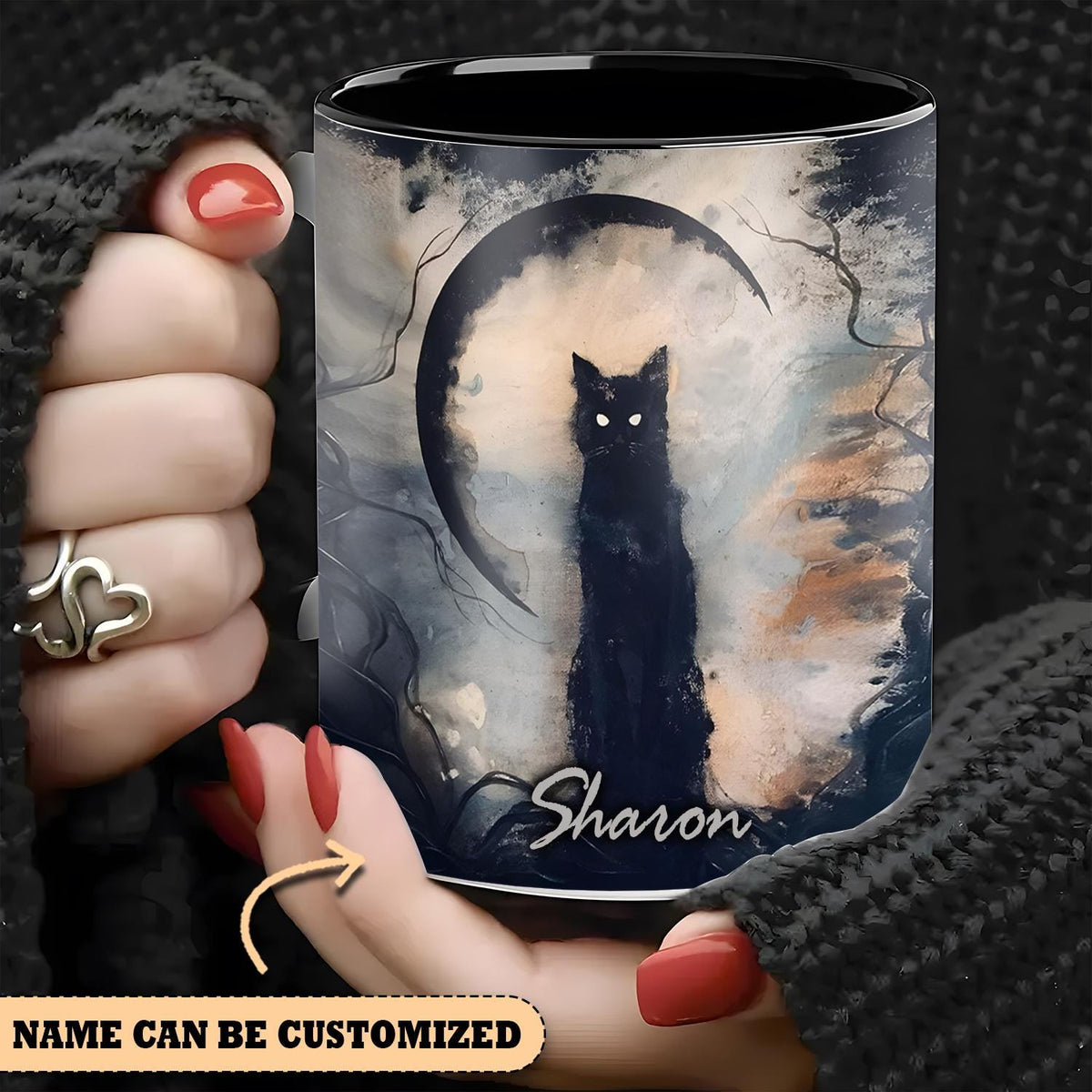 Personalized Black Cat Halloween Mug, Witchy Coffee Cup, Spooky Cat Accent Mug, Gothic Halloween Gift, Custom Name Witch Gift