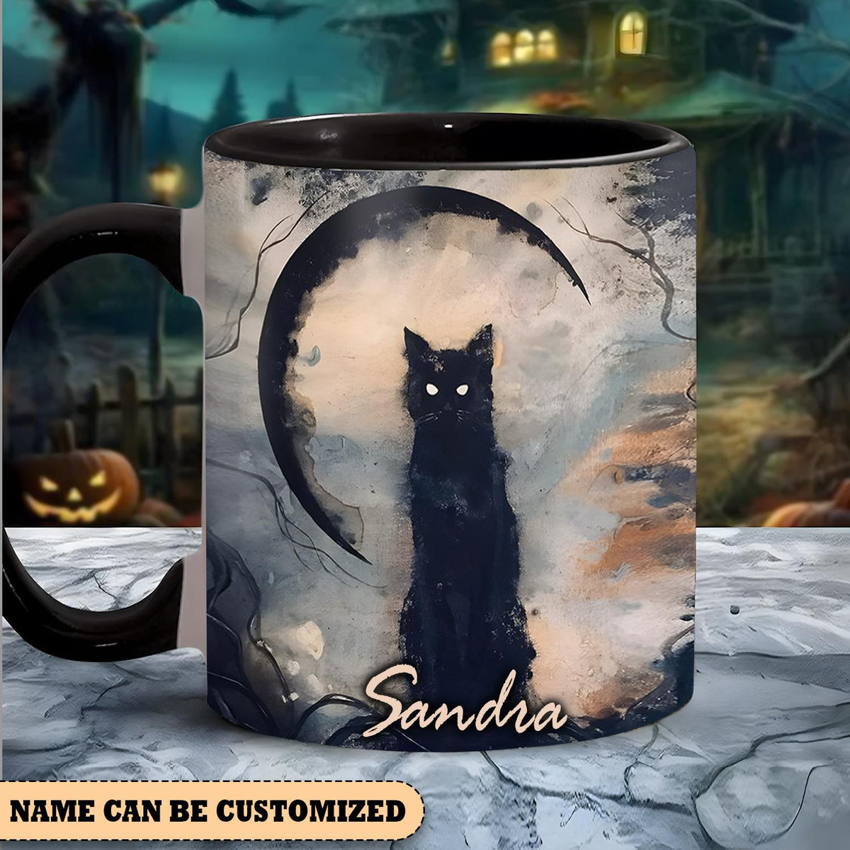 Personalized Black Cat Halloween Mug, Witchy Coffee Cup, Spooky Cat Accent Mug, Gothic Halloween Gift, Custom Name Witch Gift