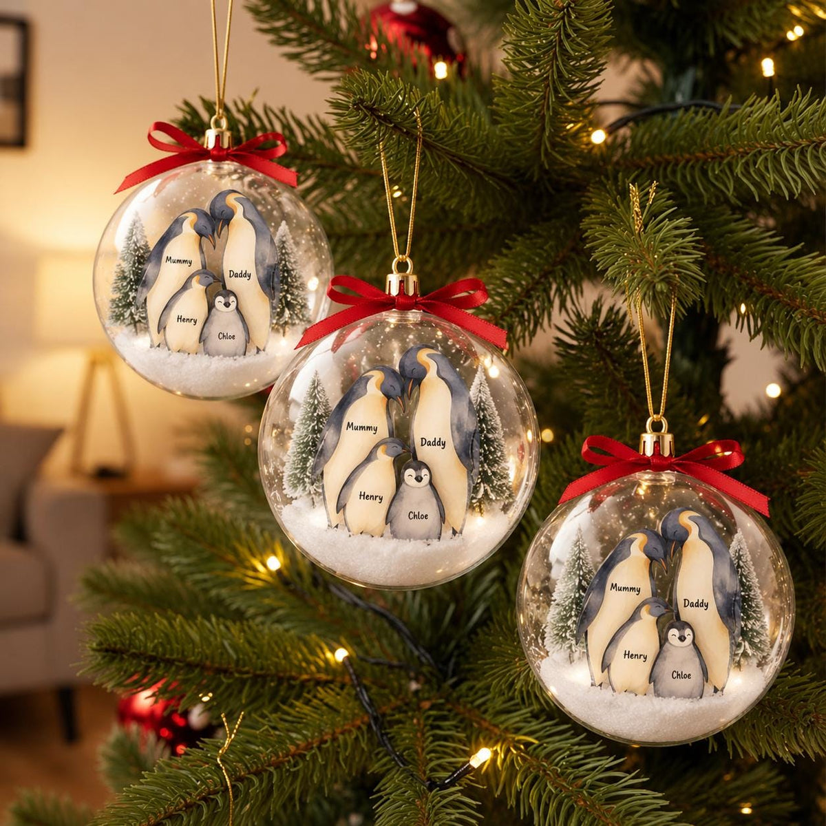 Personalized Penguin Family Christmas Bauble, Custom Name Snow Globe Ornament, 3D Family Keepsake Gift, Christmas Tree Decoration