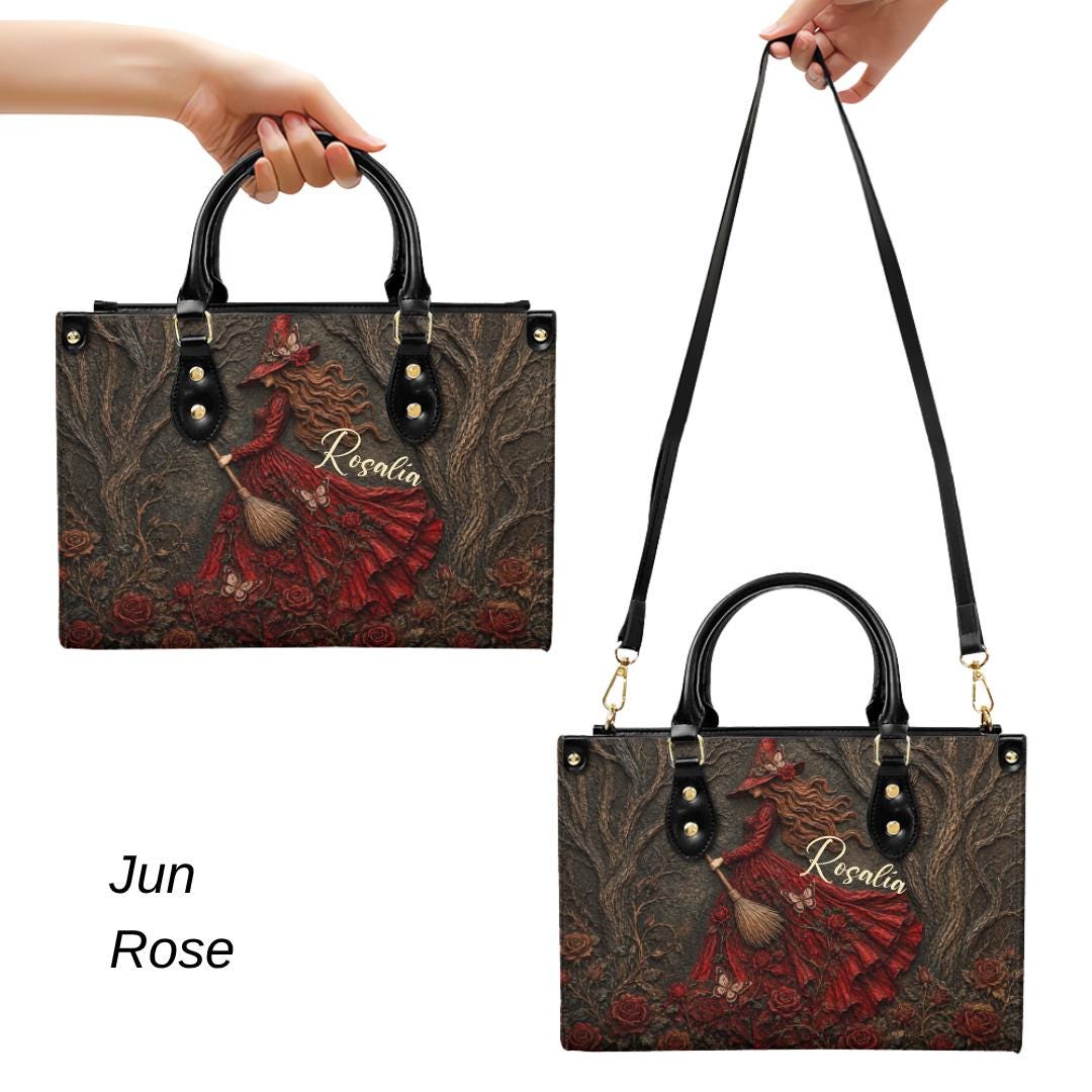Personalized Birth Flower Witch Handbag, Custom Name Gothic Leather Purse, Halloween Gift for Women