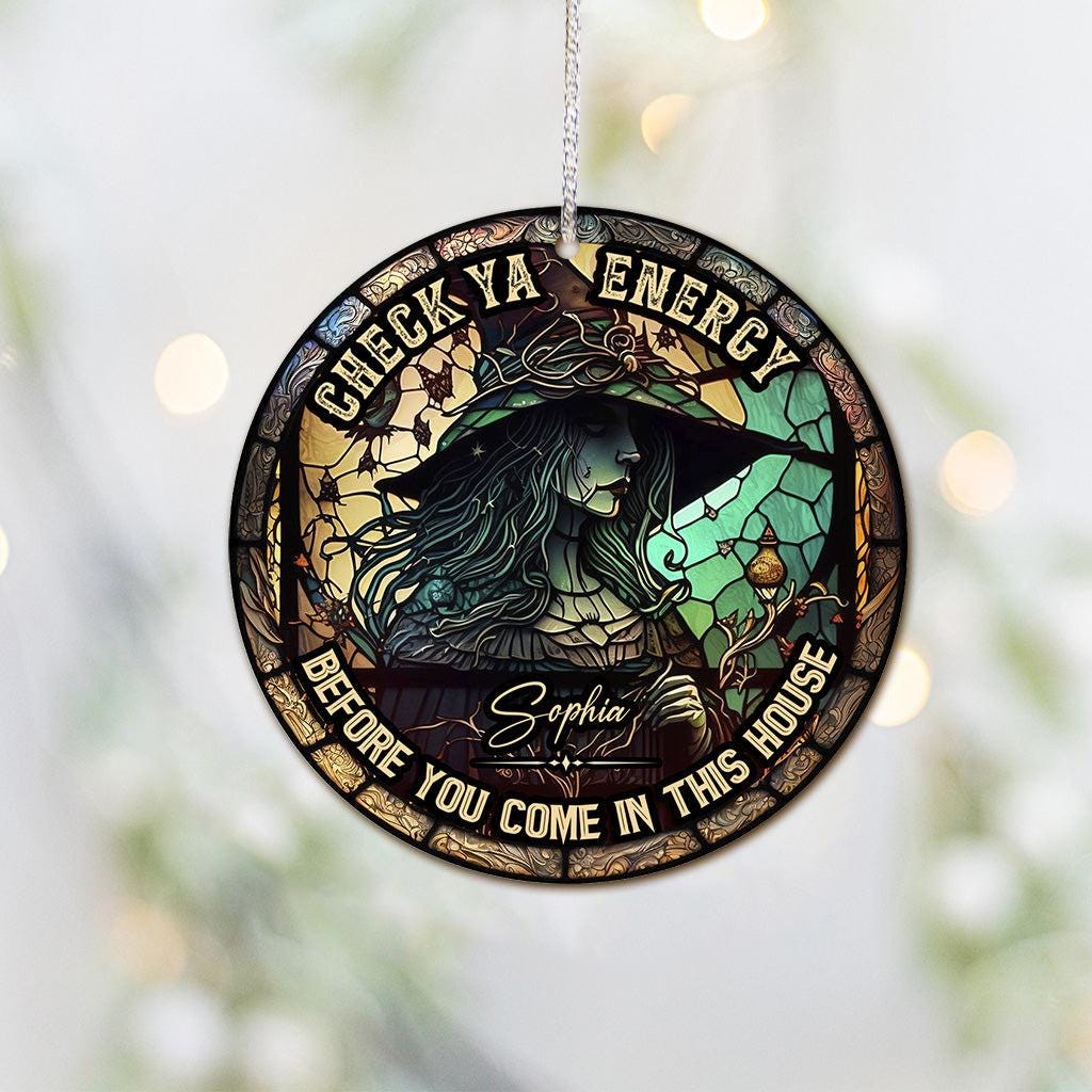 Personalized Witch Ornament, Check Ya Energy Sign, Custom Name Witchy Decor, Gothic Halloween Gift