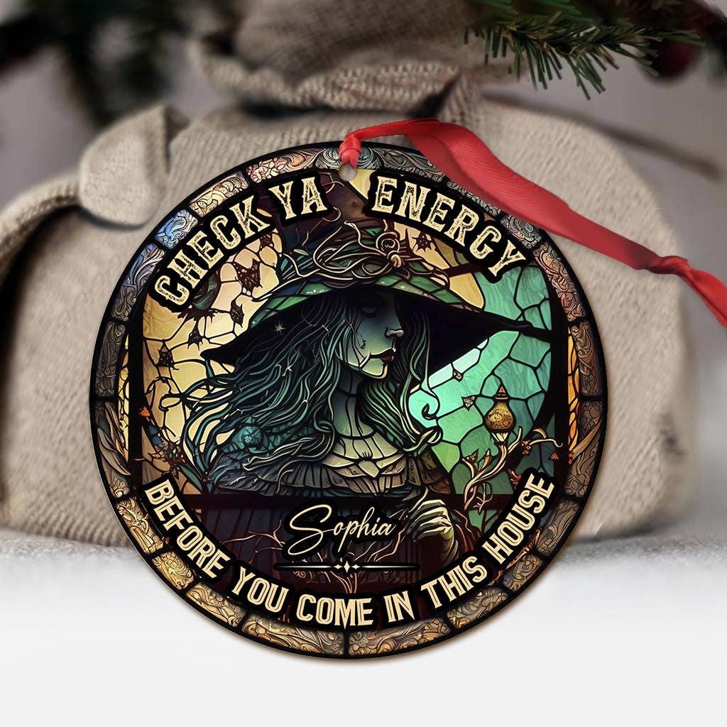 Personalized Witch Ornament, Check Ya Energy Sign, Custom Name Witchy Decor, Gothic Halloween Gift