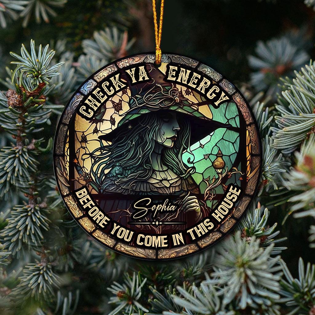 Personalized Witch Ornament, Check Ya Energy Sign, Custom Name Witchy Decor, Gothic Halloween Gift