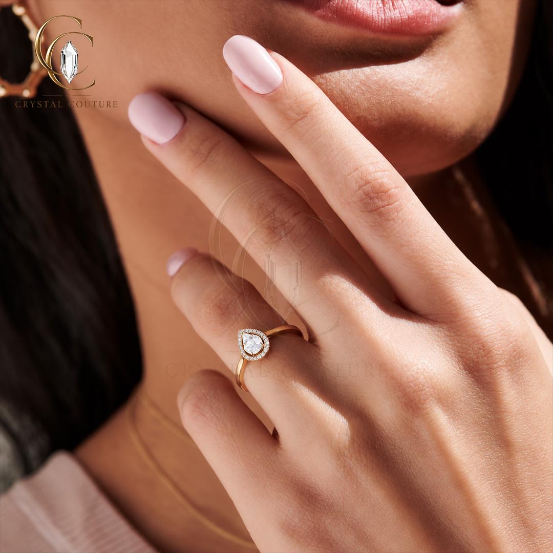 Radiant Pear Halo Ring Solid Gold Lab Grown Diamond Moissanite Elegant Minimalist Statement Jewelry