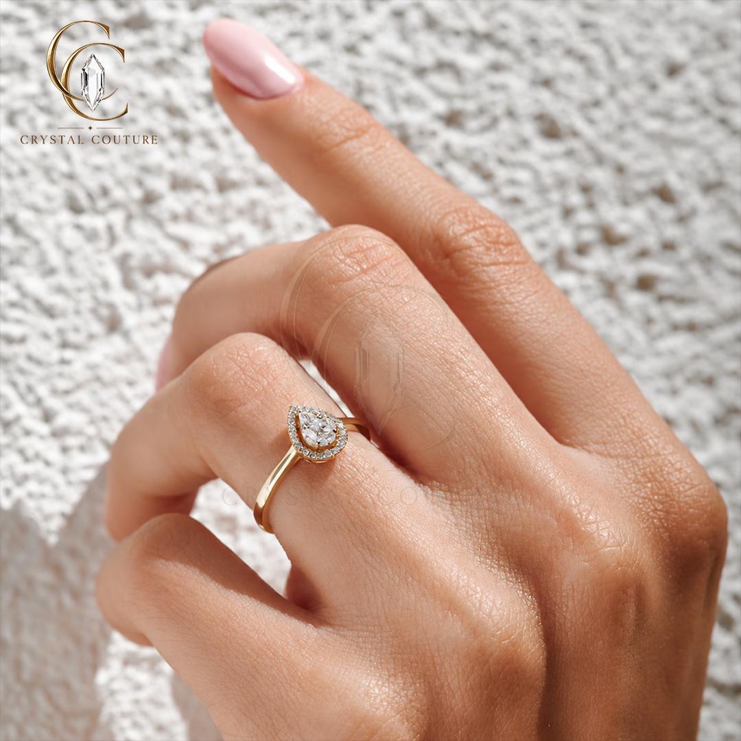 Radiant Pear Halo Ring Solid Gold Lab Grown Diamond Moissanite Elegant Minimalist Statement Jewelry