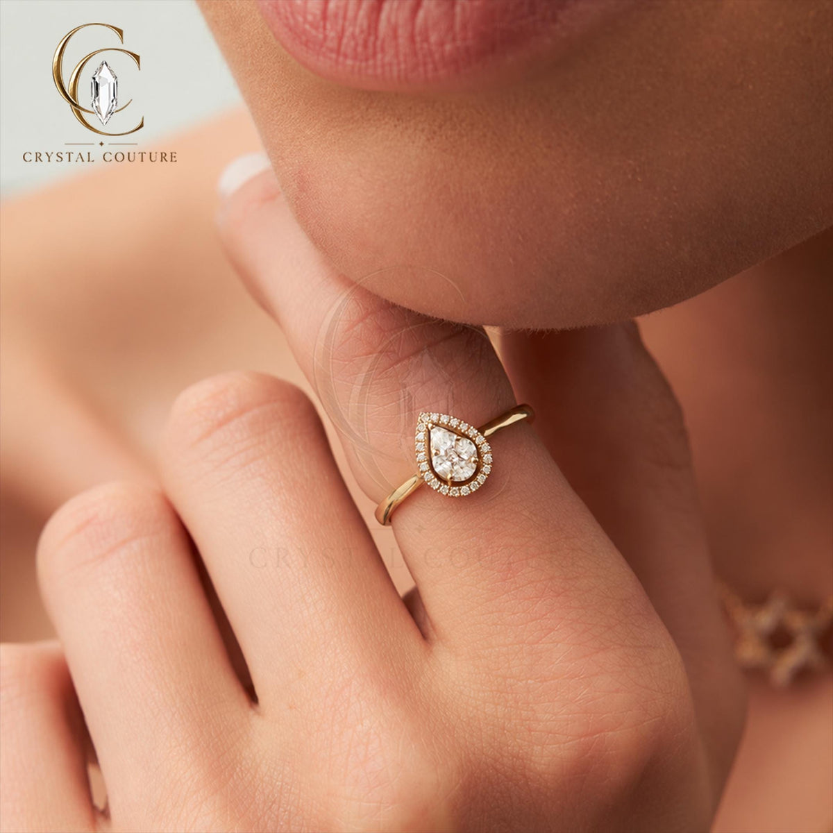 Radiant Pear Halo Ring Solid Gold Lab Grown Diamond Moissanite Elegant Minimalist Statement Jewelry