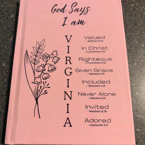 Personalized Christian Journal, Custom Name Bible Verse Notebook, God Says You Are Scripture Gift