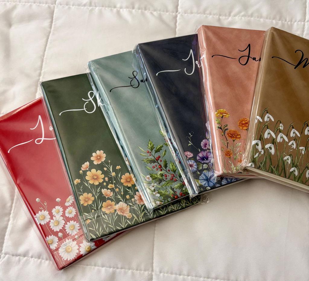 Personalized Birth Flower Leather Journal, Custom Name Floral Notebook for Her, Wife, Daughter, Sister, Gratitude Journal, Christmas Gift