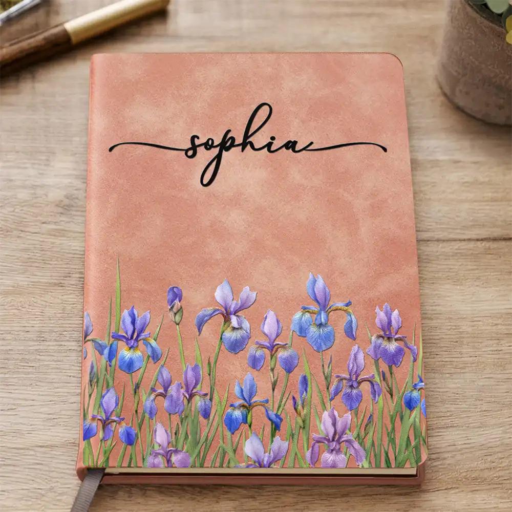 Personalized Birth Flower Leather Journal, Custom Name Floral Notebook for Her, Wife, Daughter, Sister, Gratitude Journal, Christmas Gift