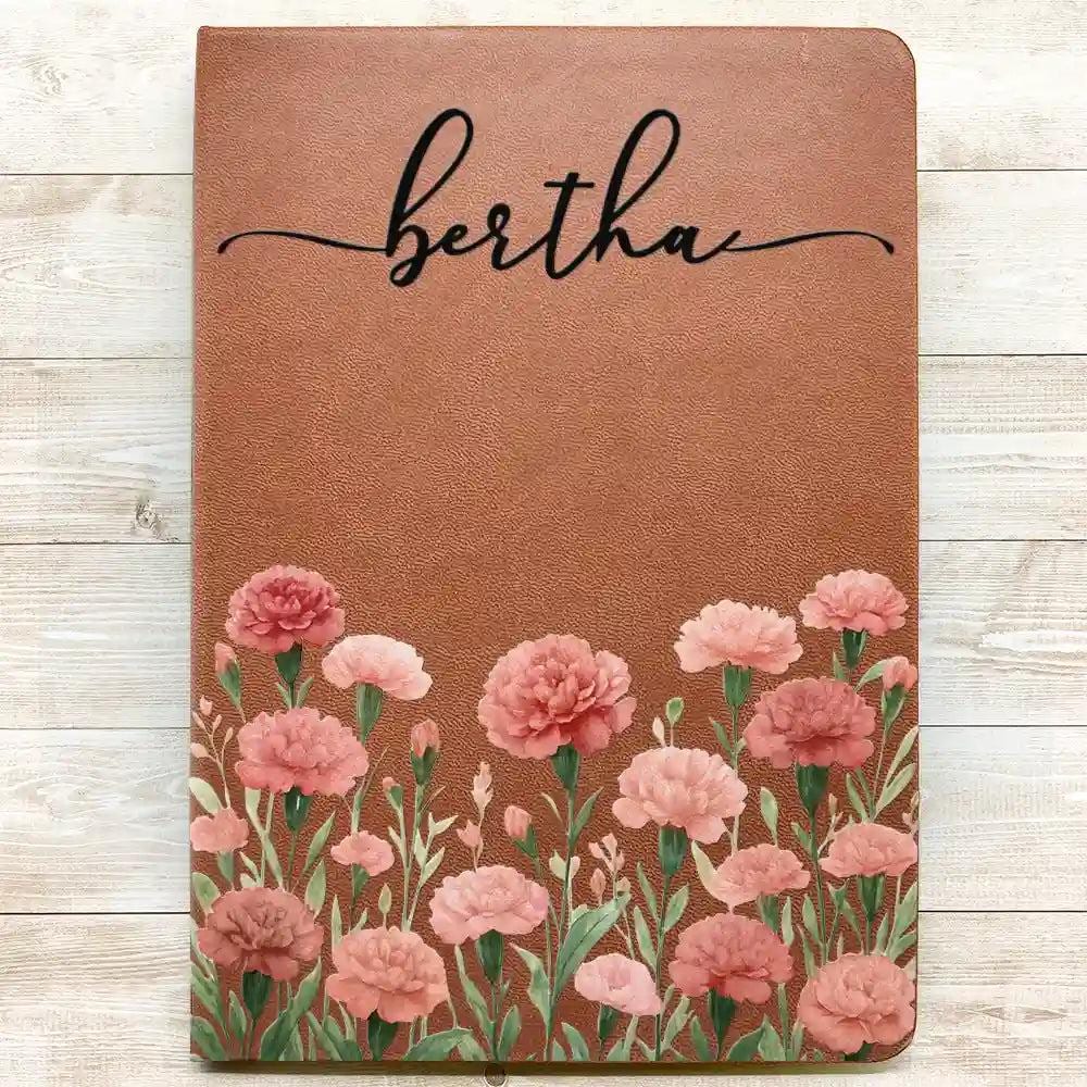 Personalized Birth Flower Leather Journal, Custom Name Floral Notebook for Her, Wife, Daughter, Sister, Gratitude Journal, Christmas Gift