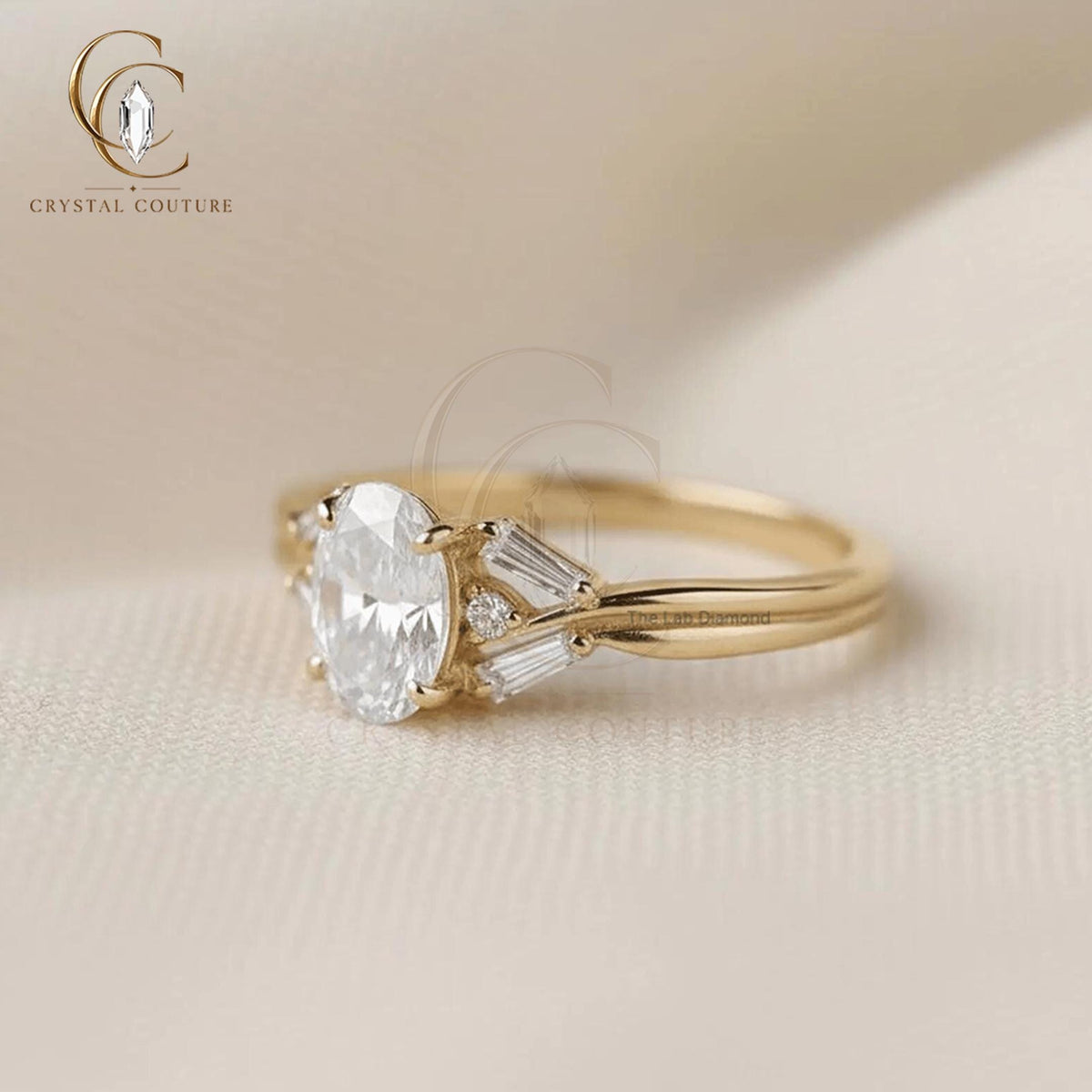Oval Lab Grown Diamond Ring Solid Gold Baguette Side Stones Twisted Band Luxury Jewelry