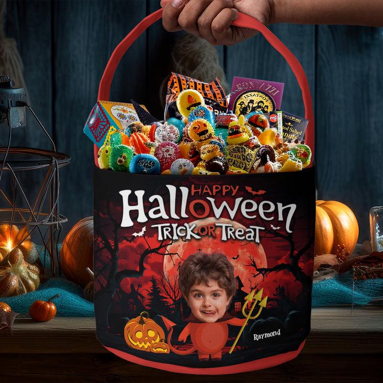 Custom Photo Halloween Basket, Personalized Trick or Treat Bag for Kids, Halloween Candy Tote, Spooky Party Gift
