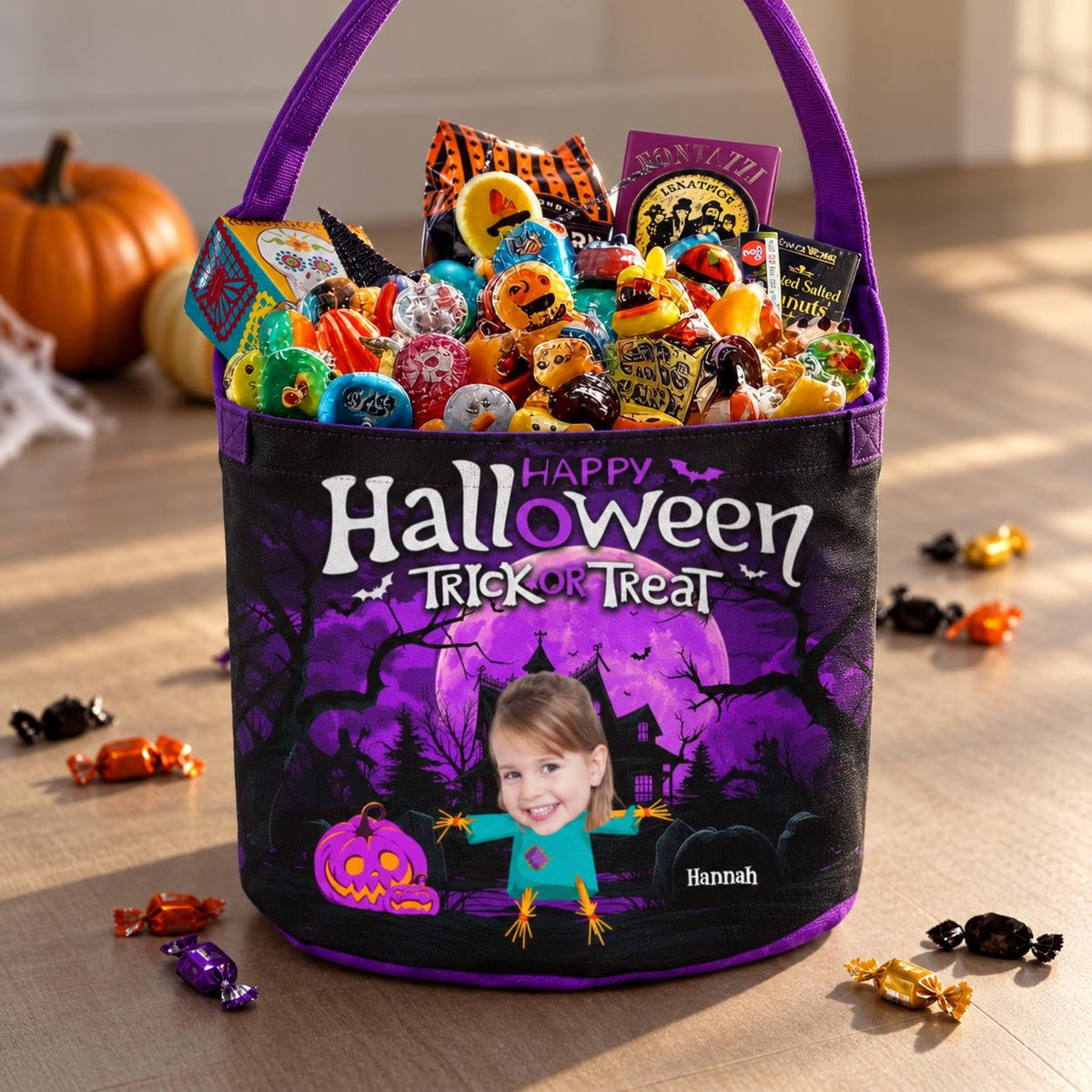 Custom Photo Halloween Basket, Personalized Trick or Treat Bag for Kids, Halloween Candy Tote, Spooky Party Gift