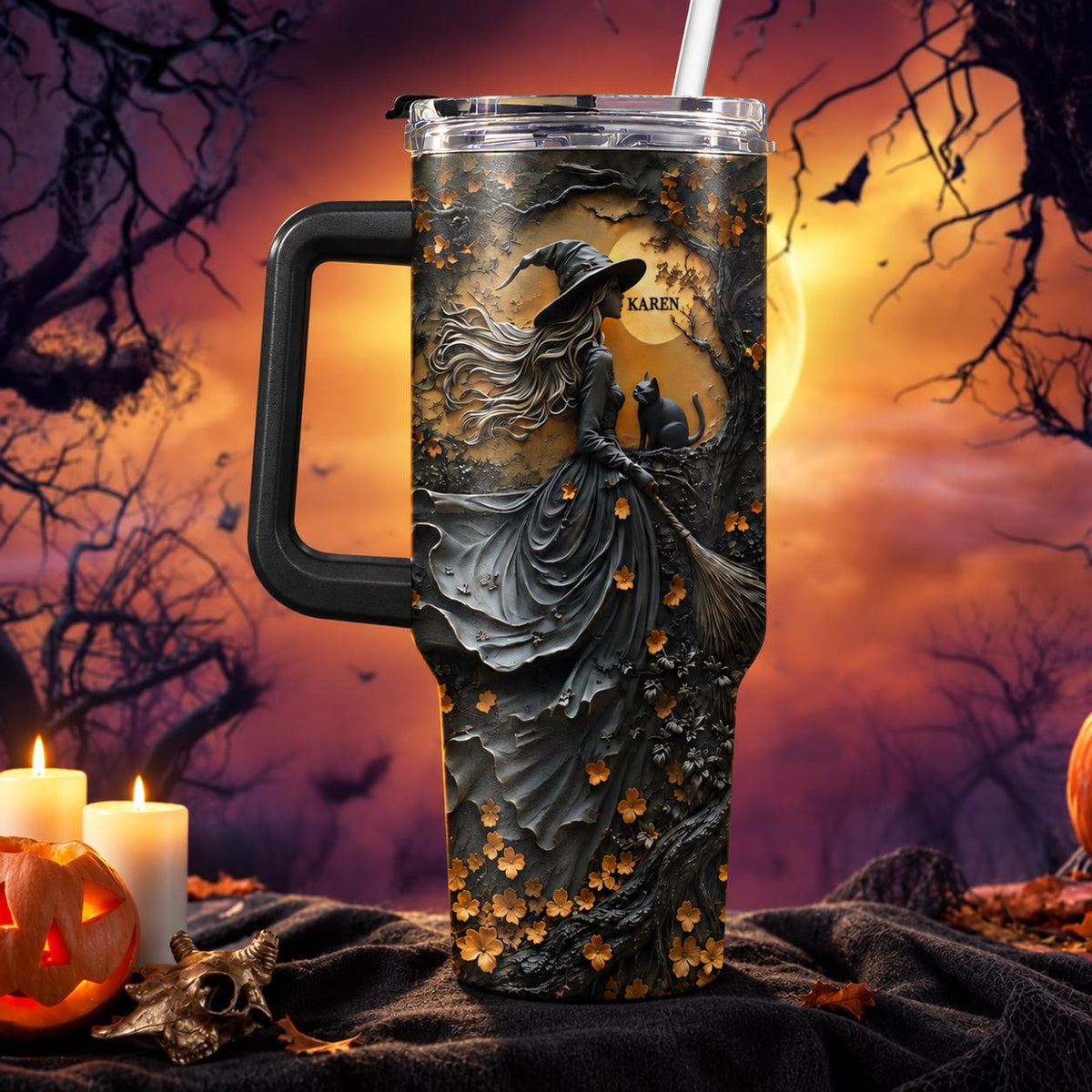 Beautiful Witch Halloween Personalized Witch 40Oz Tumbler, Wiccan Tumbler Oil Paint Effect Witchy Gifts Witchcraft Drinkware Gift for Pagan