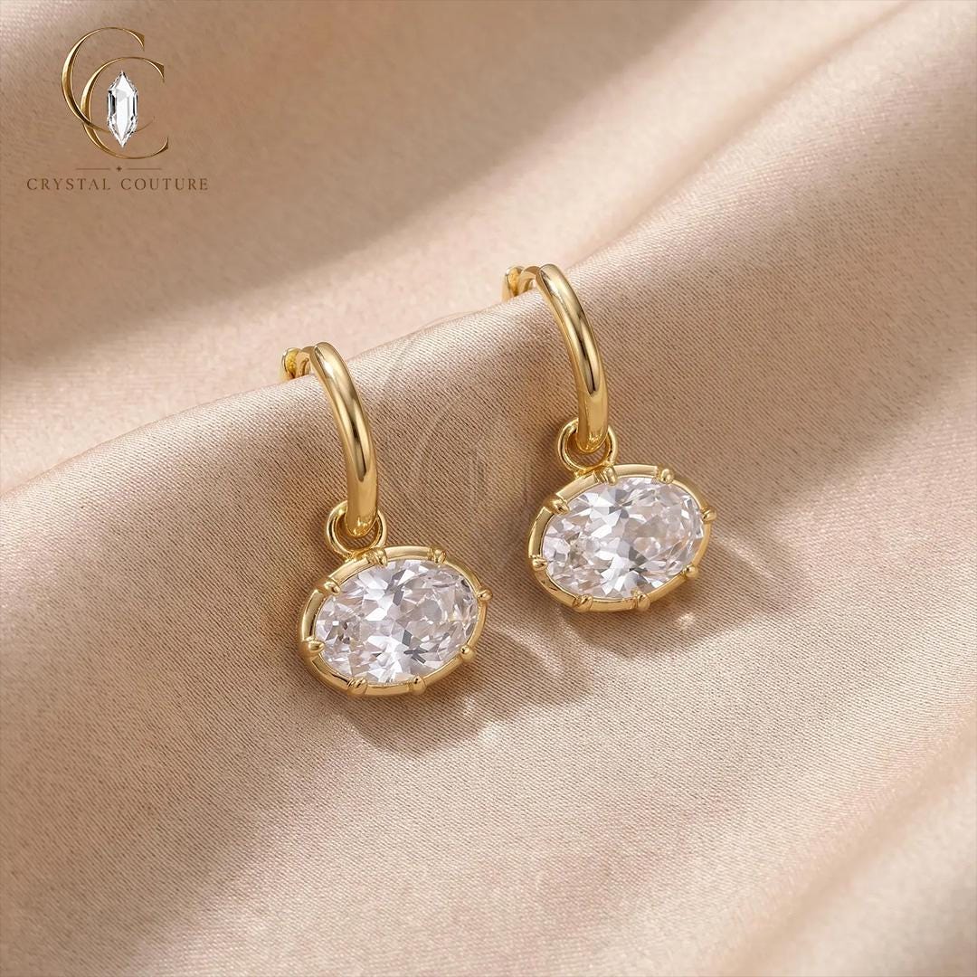 Gold Oval Drop Earrings Solid Gold Sparkling Stone Dangle Jewelry Wedding Party Gift Women