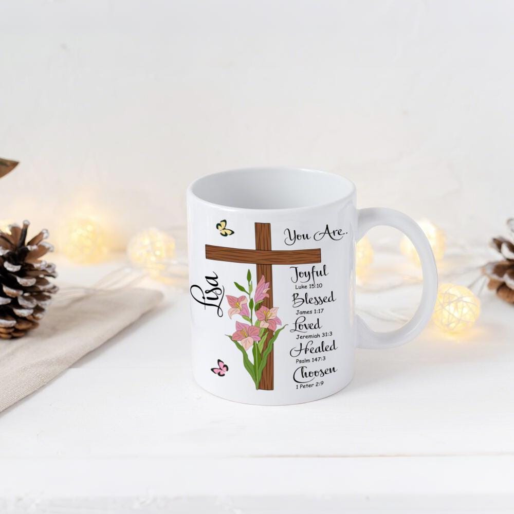 Personalized Christian Mug, Custom Name Birth Flower Cup, Bible Verse Gift, Faith Coffee Mug, Religious Gift for Her