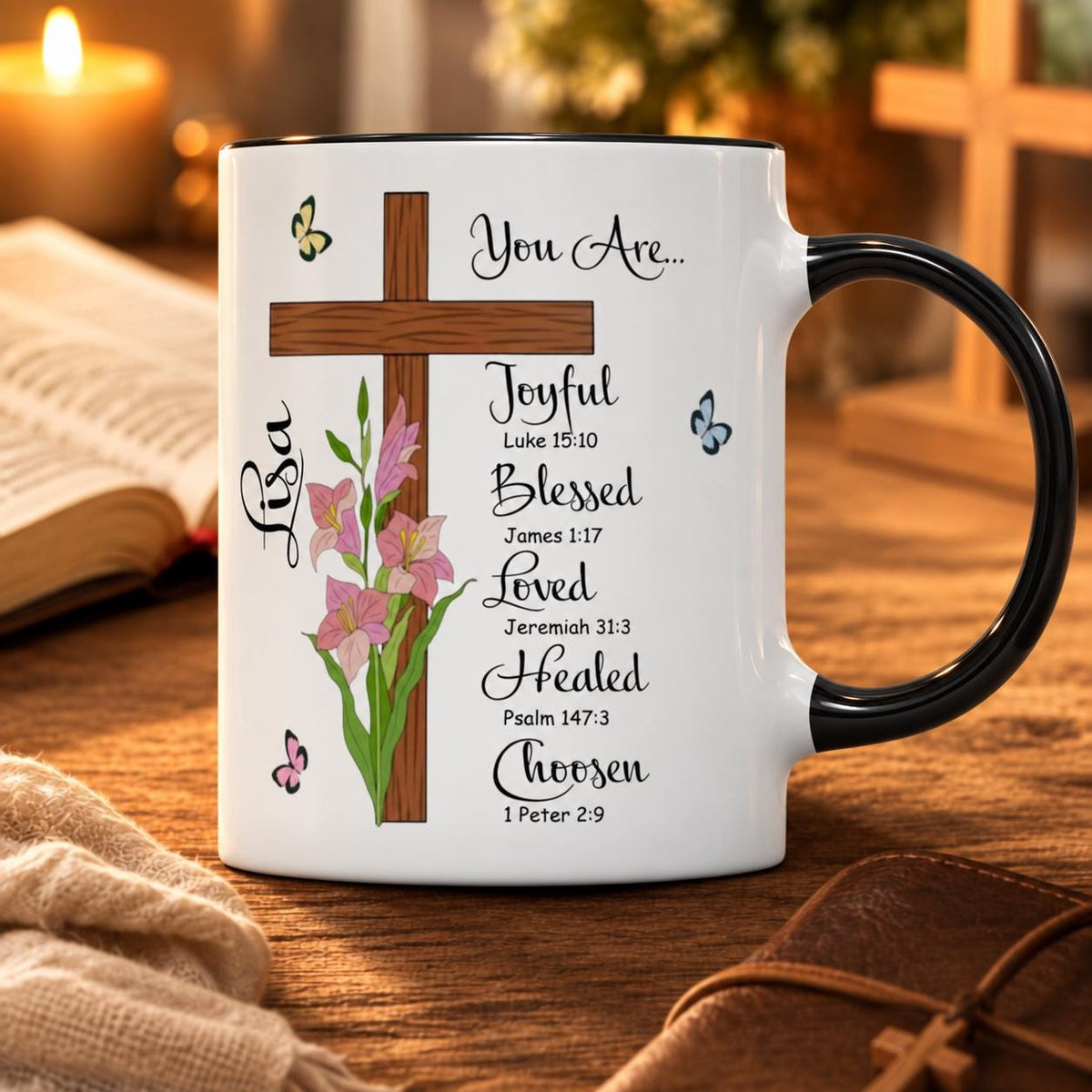 Personalized Christian Mug, Custom Name Birth Flower Cup, Bible Verse Gift, Faith Coffee Mug, Religious Gift for Her