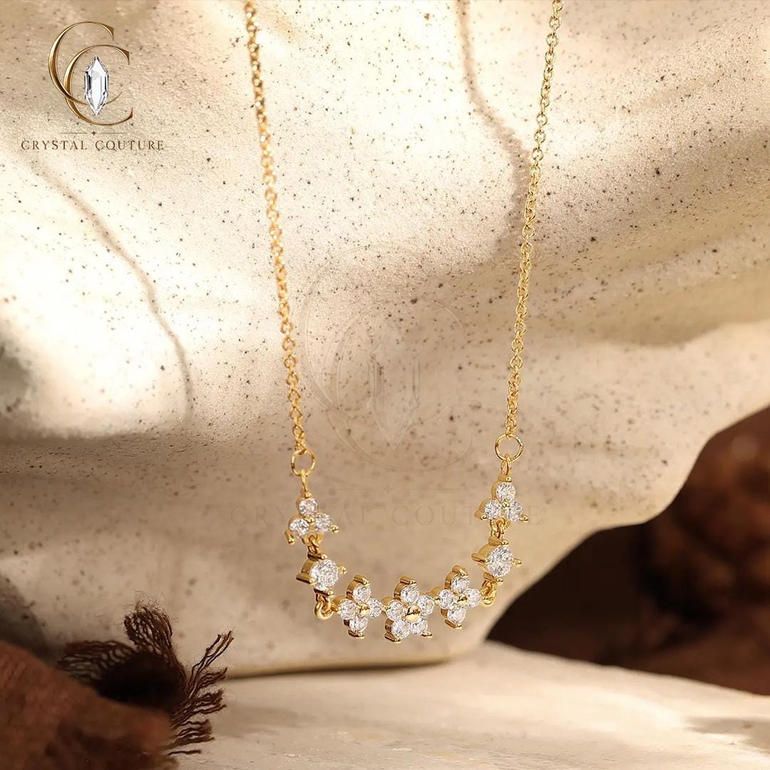 Floral Cluster Necklace Lab Grown Diamond Moissanite Solid Gold Pendant Bridal Wedding Jewelry Gift