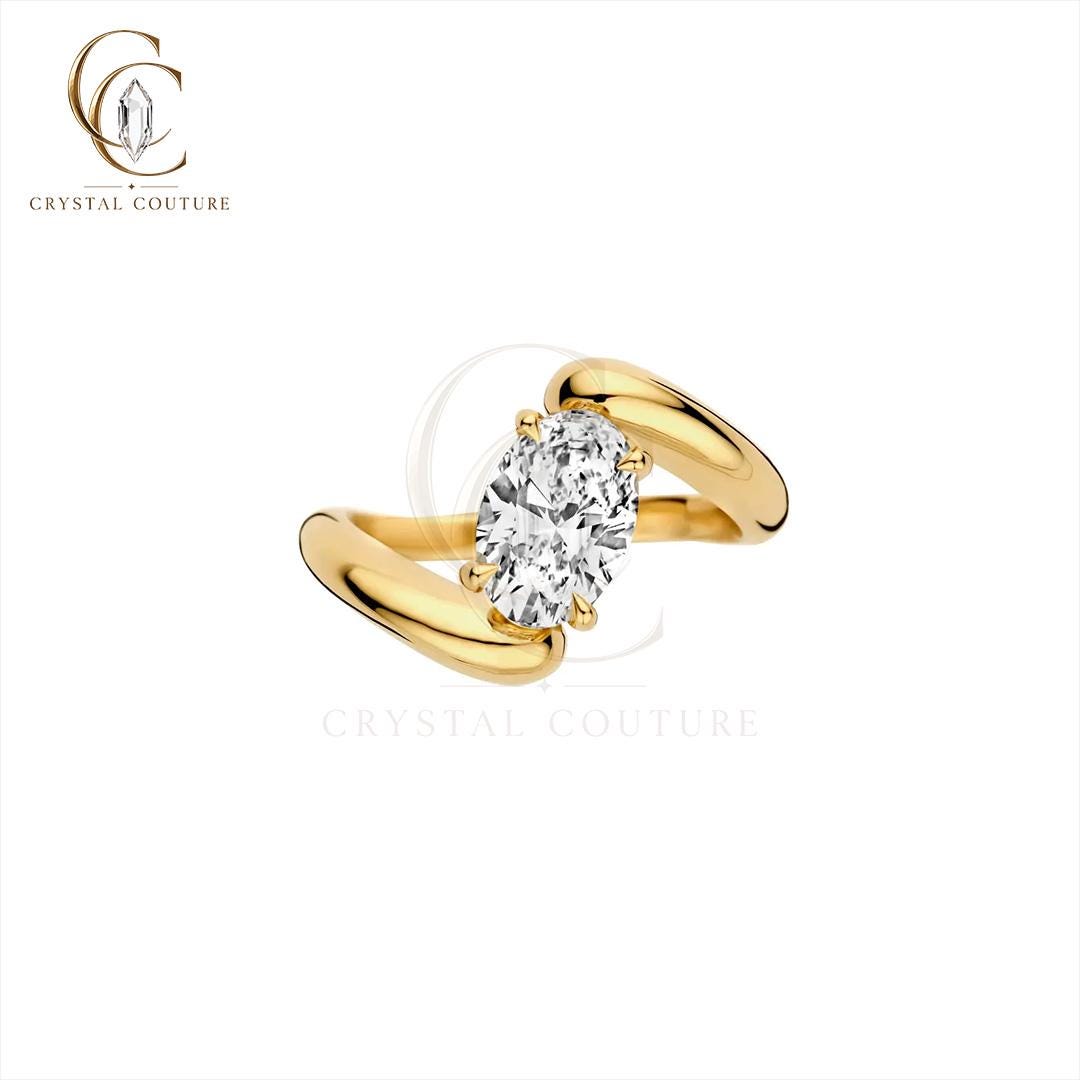 Timeless Oval Bypass Ring Solid Gold Lab Grown Diamond Moissanite Statement Bridal Wedding Gift