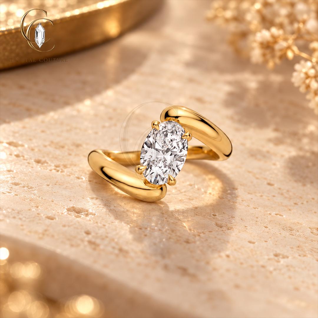 Timeless Oval Bypass Ring Solid Gold Lab Grown Diamond Moissanite Statement Bridal Wedding Gift