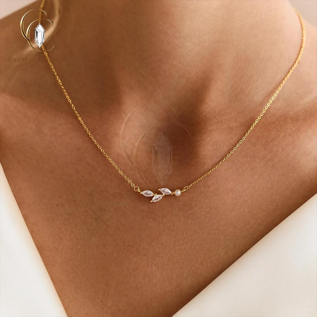 Graceful Leaf Necklace Solid Gold Lab Grown Diamond Moissanite Pearl Pendant Floral Bridal Luxury