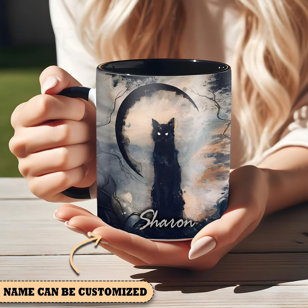 Personalized Black Cat Halloween Mug, Witchy Coffee Cup, Spooky Cat Accent Mug, Gothic Halloween Gift, Custom Name Witch Gift