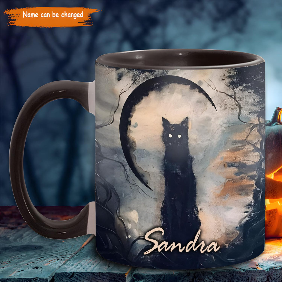 Personalized Black Cat Halloween Mug, Witchy Coffee Cup, Spooky Cat Accent Mug, Gothic Halloween Gift, Custom Name Witch Gift