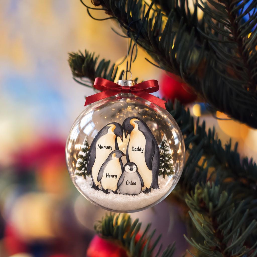 Personalized Penguin Family Christmas Bauble, Custom Name Snow Globe Ornament, 3D Family Keepsake Gift, Christmas Tree Decoration