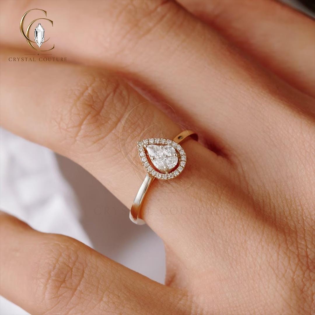 Radiant Pear Halo Ring Solid Gold Lab Grown Diamond Moissanite Elegant Minimalist Statement Jewelry