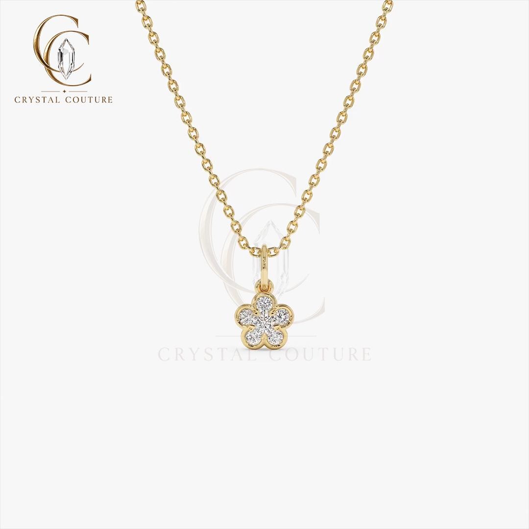 Blooming Floral Diamond Pendant Necklace Solid Gold Lab Grown Moissanite Dainty Fine Jewelry Women