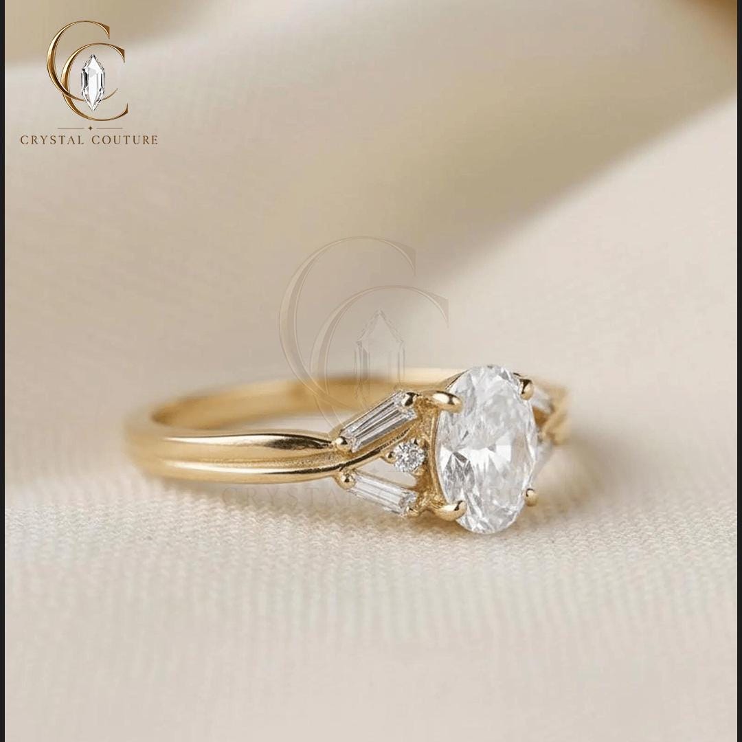 Oval Lab Grown Diamond Ring Solid Gold Baguette Side Stones Twisted Band Luxury Jewelry