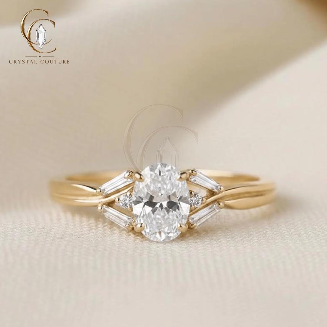 Oval Lab Grown Diamond Ring Solid Gold Baguette Side Stones Twisted Band Luxury Jewelry
