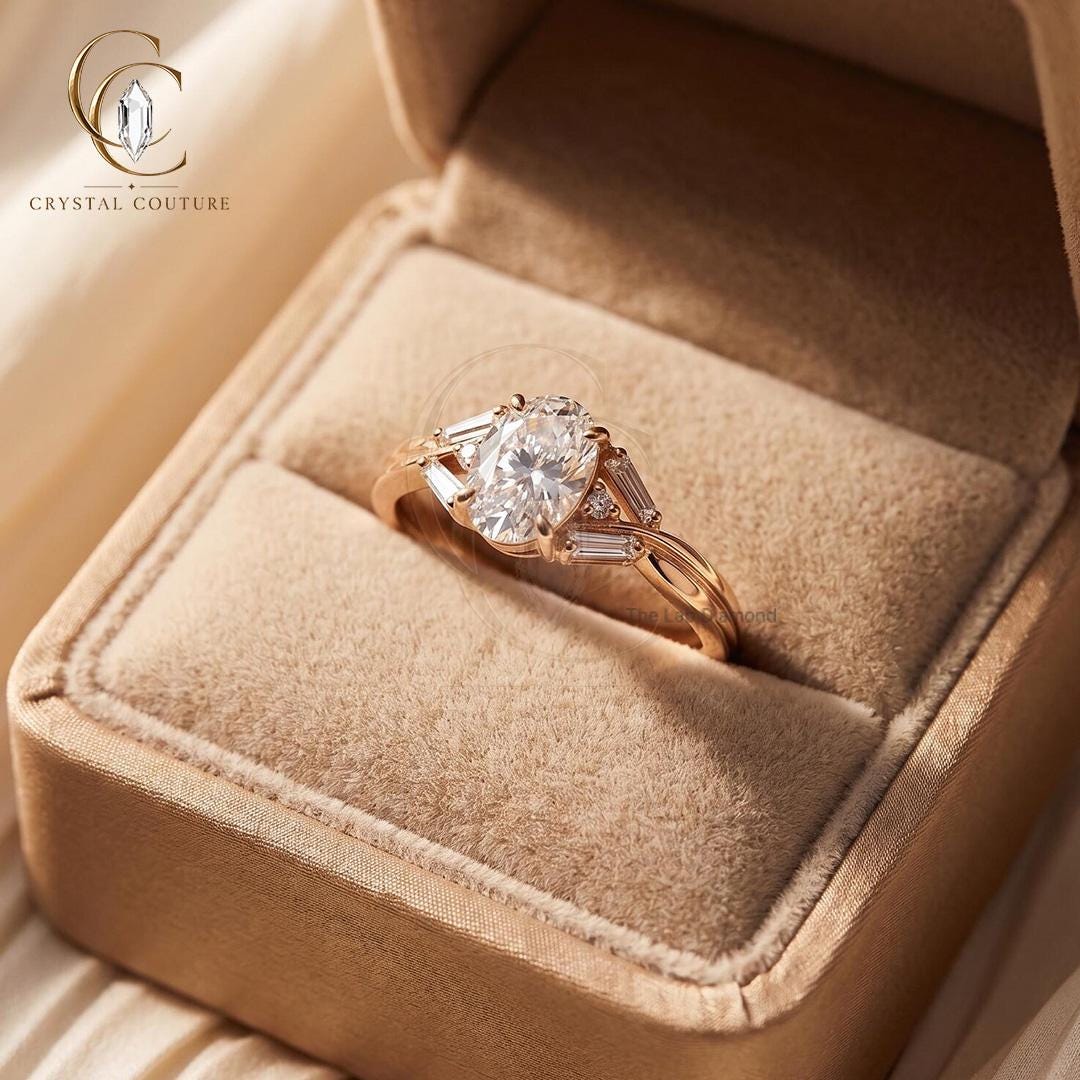 Oval Lab Grown Diamond Ring Solid Gold Baguette Side Stones Twisted Band Luxury Jewelry